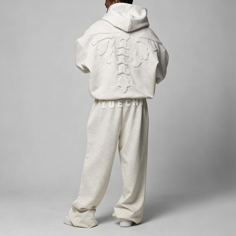 Custom Men Oversized Tracksuit Puff Printing Embossing Kangaroo Pocket Embroidered Winter Fleece Lined 100% Cotton Heather Grey