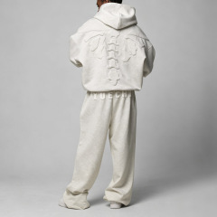 Custom Men Oversized Tracksuit Puff Printing Embossing Kangaroo Pocket Embroidered Winter Fleece Lined 100% Cotton Heather Grey