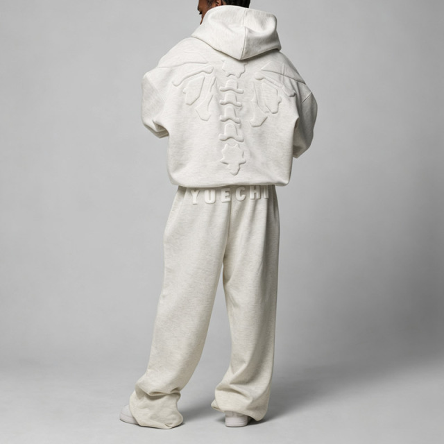 Custom Men Oversized Tracksuit Puff Printing Embossing Kangaroo Pocket Embroidered Winter Fleece Lined 100% Cotton Heather Grey