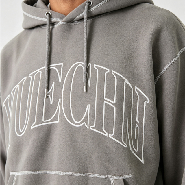 Custom Grey Heavyweight Vintage Winter Streetwear Tracksuit 2 Outlined Embroidery Contrast Stitching Boxy Fit 100% Cotton Men's