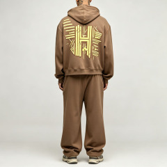 Custom Men's Oversized Boxy Applique Hoodie Wide Leg 100% Cotton French Terry Tracksuit Streetwear Winter Two Piece Set