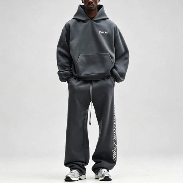 Men Custom Embroidery Screen Print 100% Cotton Fleece Tracksuit Oversized Drop Shoulder Hoodie Loose Wide Leg Sweatpants