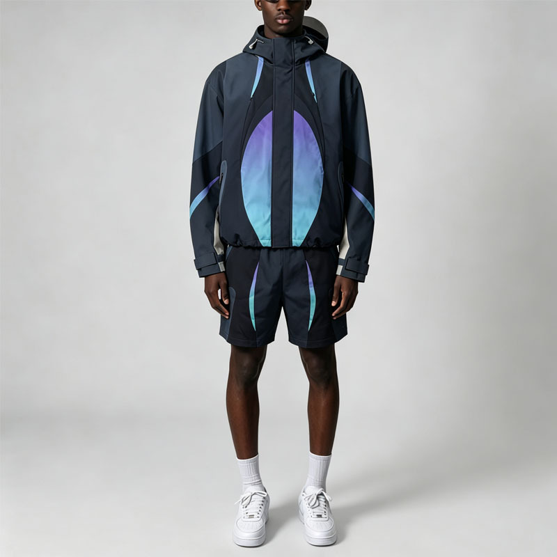 Custom Men Woven Tracksuit Gradient Screen Print Hooded Jacket and Short Set Hook and Loop Fastener Streetwear 2 Piece Sets