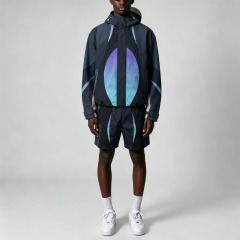 Custom Men Woven Tracksuit Gradient Screen Print Hooded Jacket and Short Set Hook and Loop Fastener Streetwear 2 Piece Sets