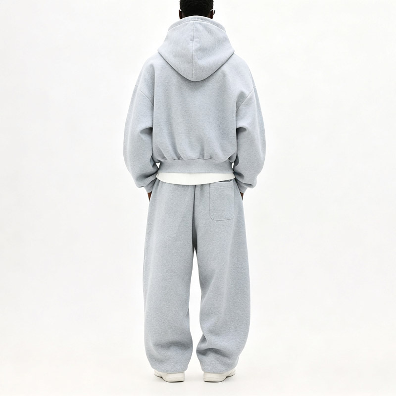 Custom Men Heather Grey Heavyweight French Terry Cropped Boxy Full Zip Hoodie Wide Leg Sweatpants Streetwear Tracksuit Set
