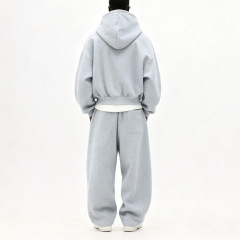 Custom Men Heather Grey Heavyweight French Terry Cropped Boxy Full Zip Hoodie Wide Leg Sweatpants Streetwear Tracksuit Set