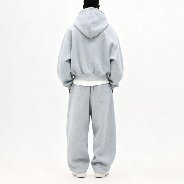 Custom Men Heather Grey Heavyweight French Terry Cropped Boxy Full Zip Hoodie Wide Leg Sweatpants Streetwear Tracksuit Set