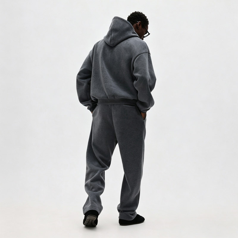 Custom Men Charcoal Cropped Full Zip Hoodie Tracksuit Heavyweight Fleece Vertical Seam Wide Leg Sweatpants Streetwear