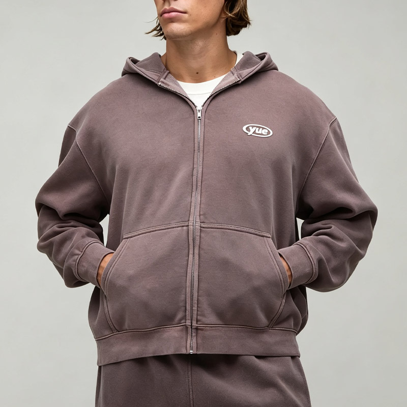 Men Oversized Zip up Hoodie Tracksuit 2 Piece Set Sport Washed Lived in Finish Fleece Dropped Shoulder Puff Printing Streetwear