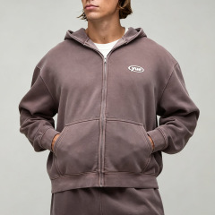 Men Oversized Zip up Hoodie Tracksuit 2 Piece Set Sport Washed Lived in Finish Fleece Dropped Shoulder Puff Printing Streetwear