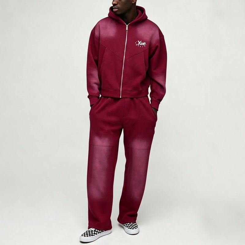 Custom Sun Faded Screen Print Red 100% Cotton French Terry 2 Pieces Full Zip Boxy Fit Baggy Apparel Men's Casual Tracksuit Set