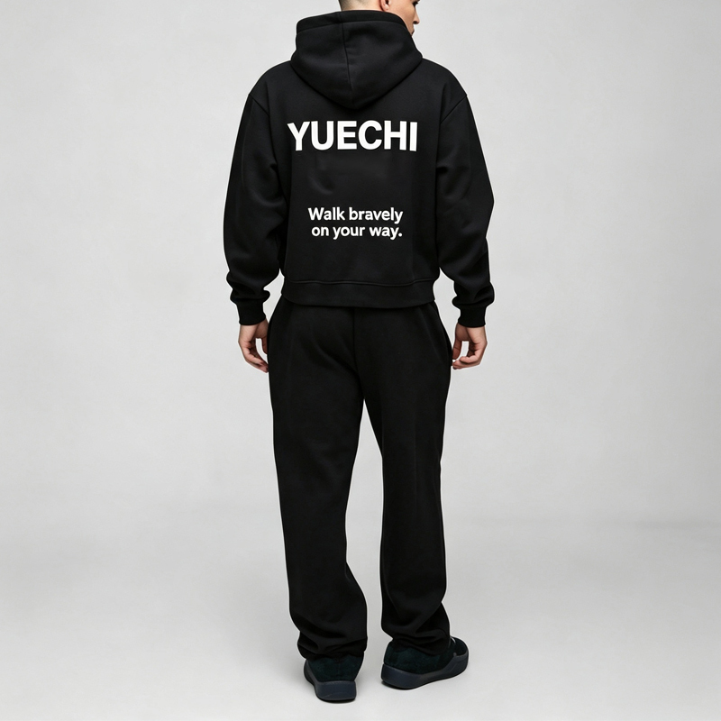 Custom Screen Print 100% Cotton Fleece Winter 2 Pieces Full Zip Boxy Fit Baggy Cropped Black Durable Men's Streetwear Tracksuit