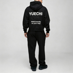 Custom Screen Print 100% Cotton Fleece Winter 2 Pieces Full Zip Boxy Fit Baggy Cropped Black Durable Men's Streetwear Tracksuit