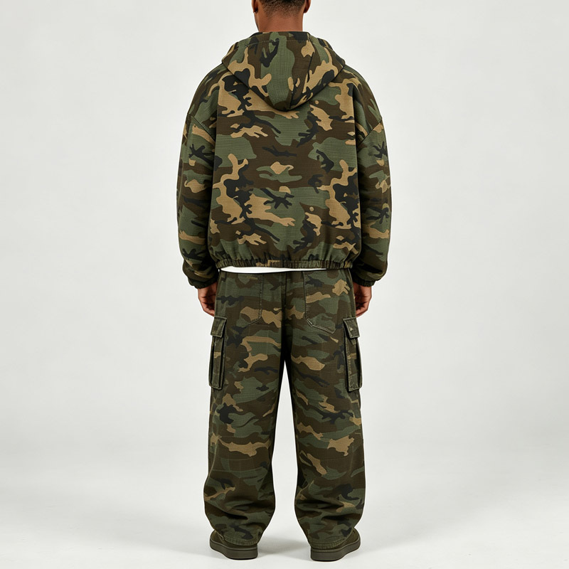 Men Oversized Camo Ripstop Hooded Zip Jacket Cargo Pants 2 Piece Set 100% Cotton Double Zipper DTG Printing Street Tracksuit