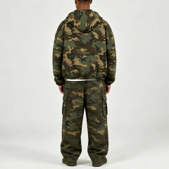 Men Oversized Camo Ripstop Hooded Zip Jacket Cargo Pants 2 Piece Set 100% Cotton Double Zipper DTG Printing Street Tracksuit