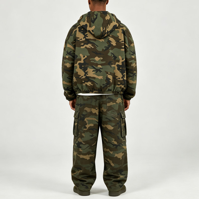 Men Oversized Camo Ripstop Hooded Zip Jacket Cargo Pants 2 Piece Set 100% Cotton Double Zipper DTG Printing Street Tracksuit