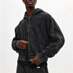 Custom Men Cropped Oversized Full Zip Tracksuit Heavyweight French Terry Snow Wash Star Applique Baggy Two Piece Streetwear Set
