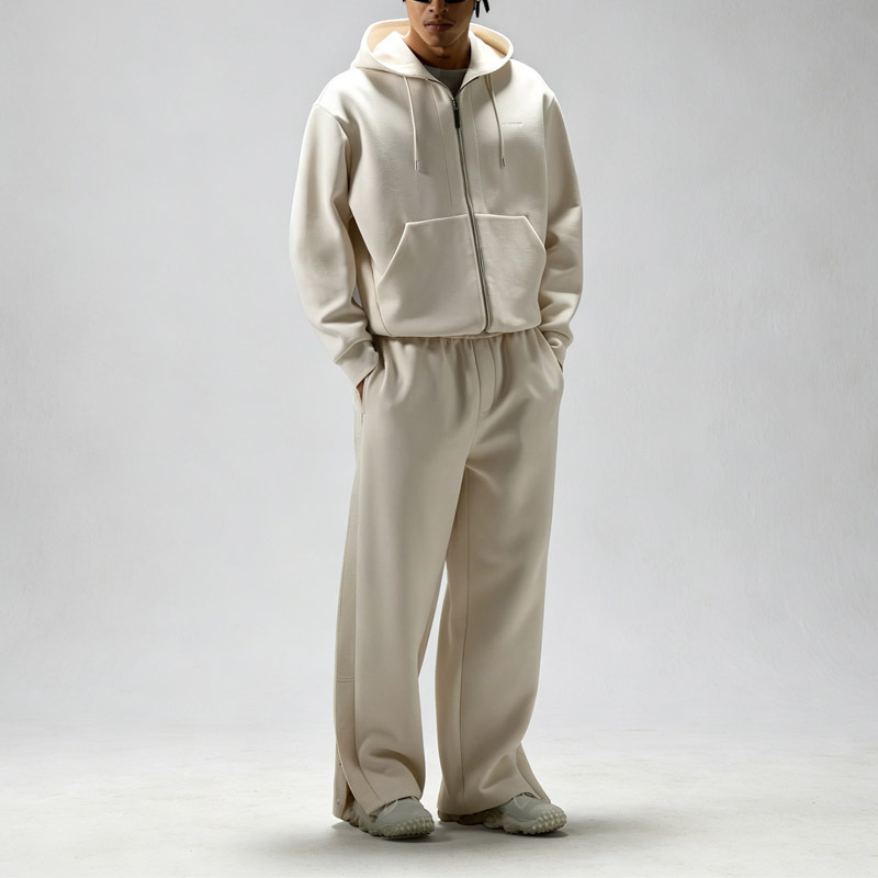 Men Full Zip up Embroidered Hooded Tracksuit Oversized Baggy Trousers Elastic Drawstring Waist Heavyweight Jersey Two Piece Set
