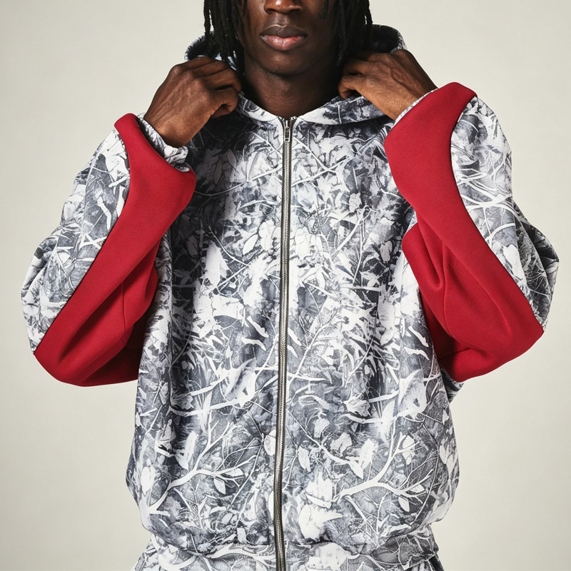 Men Full Zip Hoodie Tracksuit 100% Cotton French Terry All Over Tree Print Red Contrast Panel Oversized Drop Shoulder Streetwear