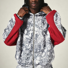 Men Full Zip Hoodie Tracksuit 100% Cotton French Terry All Over Tree Print Red Contrast Panel Oversized Drop Shoulder Streetwear