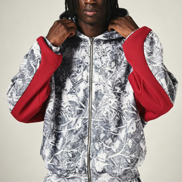 Men Full Zip Hoodie Tracksuit 100% Cotton French Terry All Over Tree Print Red Contrast Panel Oversized Drop Shoulder Streetwear