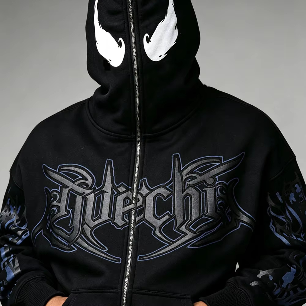 Custom Streetwear Mens Mask Full Zip Hooded 2 Piece Set Boxy Oversized Puff Print Gothic Heavy Cotton Fleece Wide Leg Tracksuit