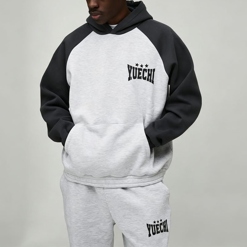 Custom Screen Print Raglan Sleeve Contrast Color 2 Pieces Boxy Fit Baggy Grey Pullover Men's Heavyweight Tracksuit Set