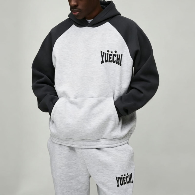 Custom Screen Print Raglan Sleeve Contrast Color 2 Pieces Boxy Fit Baggy Grey Pullover Men's Heavyweight Tracksuit Set