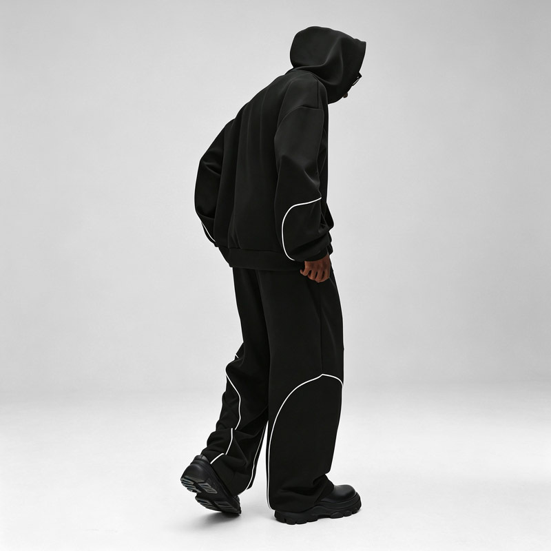 Men Oversized Boxy Hoodie Tracksuit Heavyweight French Terry Contrast Piping Embroidery Wide Leg Streetwear 2 Piece Set