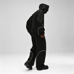 Men Oversized Boxy Hoodie Tracksuit Heavyweight French Terry Contrast Piping Embroidery Wide Leg Streetwear 2 Piece Set