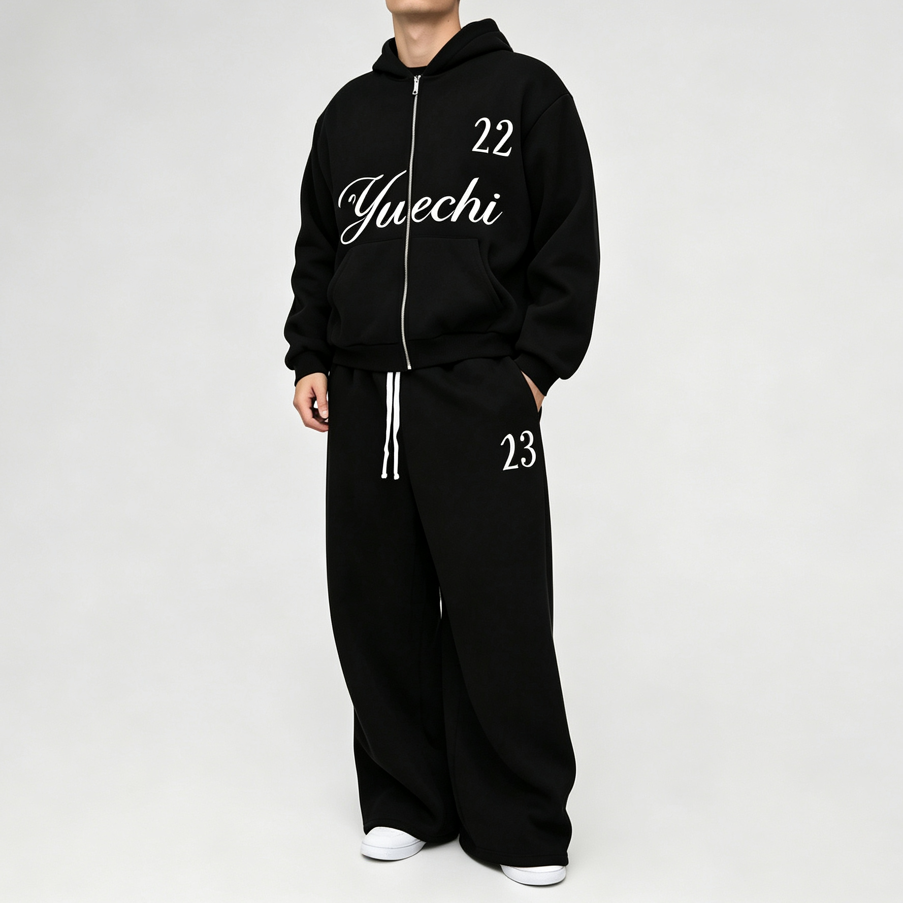 Custom Puff Printing French Terry Full Zip Hoodie Wide Leg Sweatpants 2 Pieces Cotton Blend Black Men's Streetwear Tracksuit Set