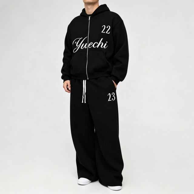Custom Puff Printing French Terry Full Zip Hoodie Wide Leg Sweatpants 2 Pieces Cotton Blend Black Men's Streetwear Tracksuit Set