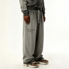 Men Heavy Wash Grey Heavyweight French Terry Vintage Spray Printing Embroidery Hoodie Wide Leg Floor Length Sweatpants Tracksuit