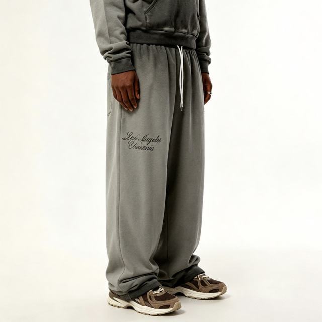 Men Heavy Wash Grey Heavyweight French Terry Vintage Spray Printing Embroidery Hoodie Wide Leg Floor Length Sweatpants Tracksuit