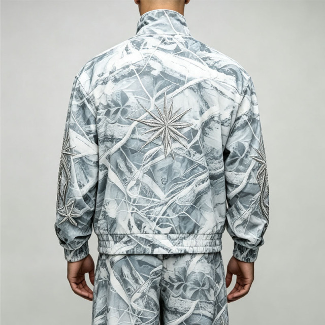 Custom All Over Print Applique Embroidery Full Zip 2 Pieces Stand Collar Wide Leg Woven Men's Lightweight Tracksuit Set
