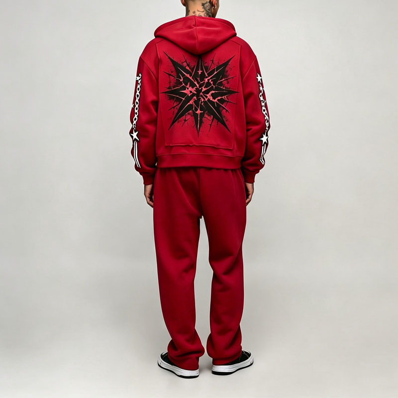 Custom DTG Printing Applique Embroidery 2 Pieces Full Zip up Boxy Fit Wide Leg Maroon Dark Red Men's Streetwear Tracksuit Set