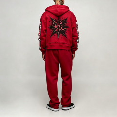 Custom DTG Printing Applique Embroidery 2 Pieces Full Zip up Boxy Fit Wide Leg Maroon Dark Red Men's Streetwear Tracksuit Set