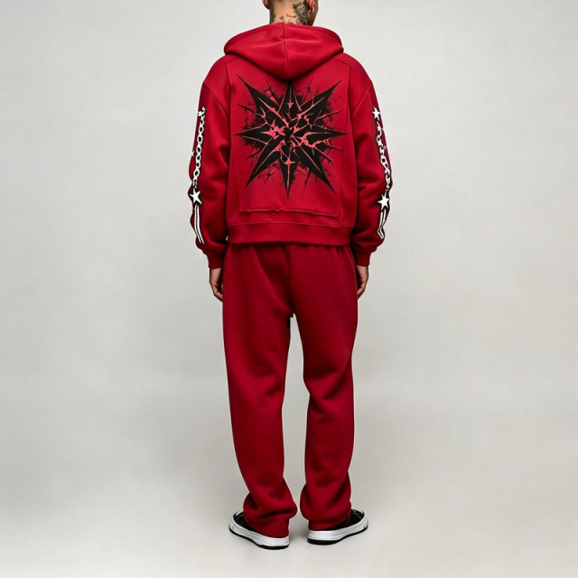 Custom DTG Printing Applique Embroidery 2 Pieces Full Zip up Boxy Fit Wide Leg Maroon Dark Red Men's Streetwear Tracksuit Set