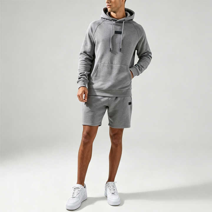Custom Made Raglan Sleeve Patch Embroidery 2 Pieces Pullover Hoodie Knee Length Shorts Heather Grey Men's Urban Tracksuit Set