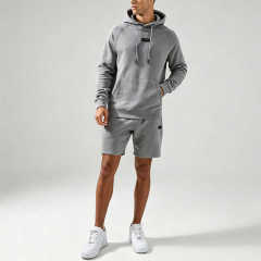Custom Made Raglan Sleeve Patch Embroidery 2 Pieces Pullover Hoodie Knee Length Shorts Heather Grey Men's Urban Tracksuit Set