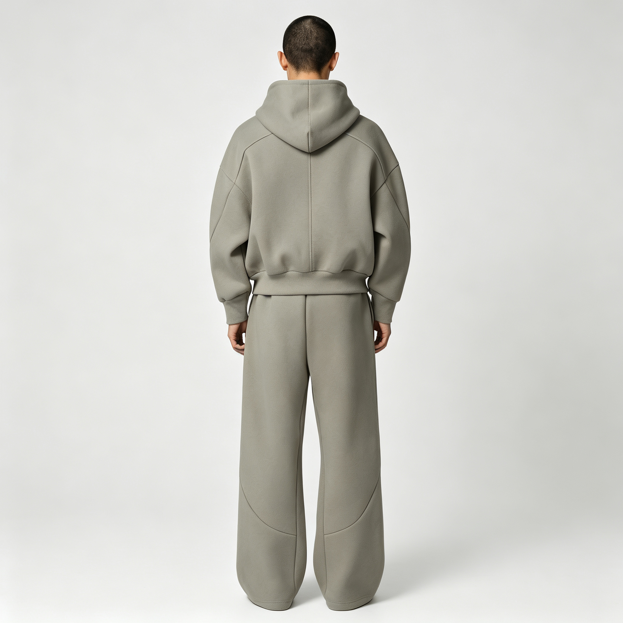 In Stock Heavyweight 100% Cotton 500gsm Fleece Ash Sage Boxy Cropped Zip up Wide Leg Streetwear Men's Tracksuit Set