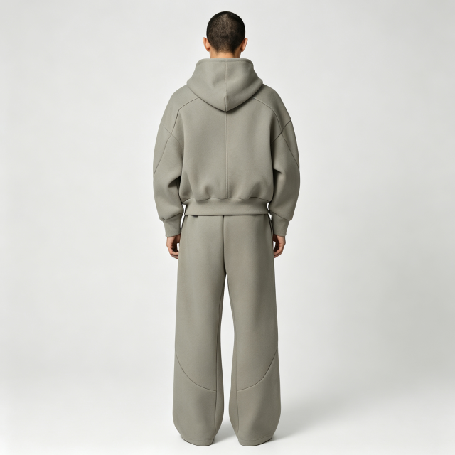 In Stock Heavyweight 100% Cotton 500gsm Fleece Ash Sage Boxy Cropped Zip up Wide Leg Streetwear Men's Tracksuit Set