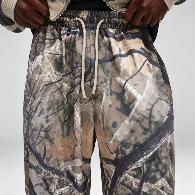 Men Camouflage Full Zip Cropped Tracksuit All Over Full Printing 100% Polyester Loose Wide Leg Sweatpants Streetwear 2 Piece Set