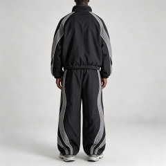 Custom Men Woven Nylon Full Zip Hooded Tracksuit Contrast Piping Breathable Mesh Lining Relaxed Fit Lightweight Two Piece Set