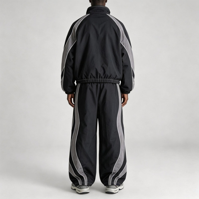 Custom Men Woven Nylon Full Zip Hooded Tracksuit Contrast Piping Breathable Mesh Lining Relaxed Fit Lightweight Two Piece Set