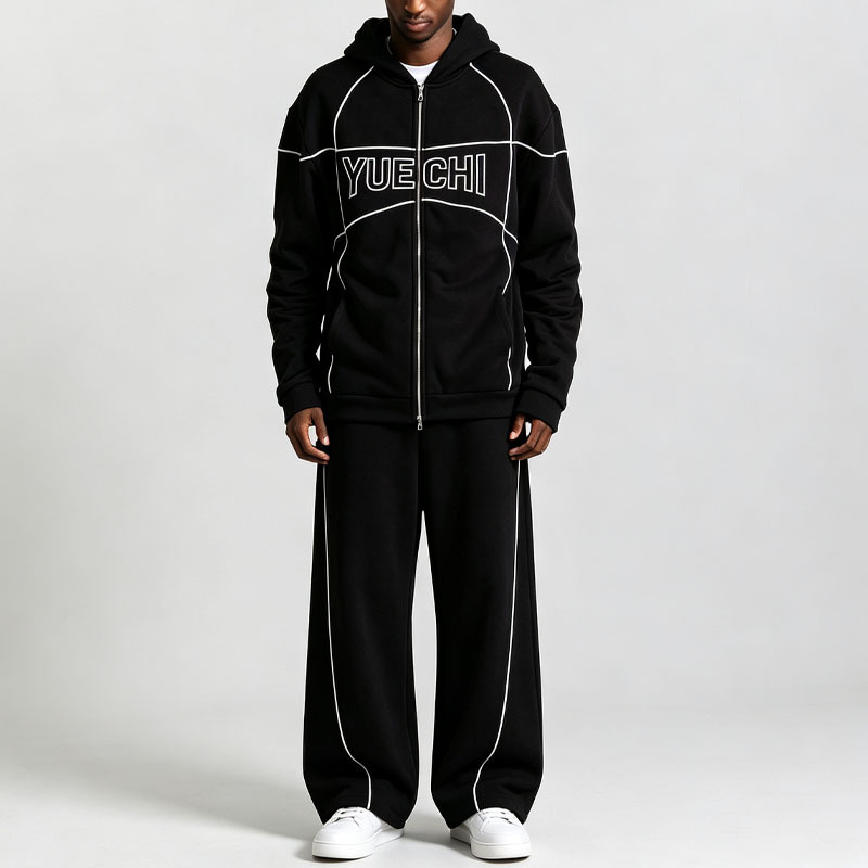 Unisex Regular Fit Full Zip Hoodie Tracksuit 440 Gsm 100% Cotton French Terry Embroidered Baggy Wide Leg Streetwear 2 Piece Set