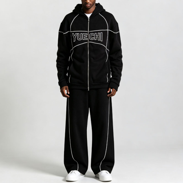 Unisex Regular Fit Full Zip Hoodie Tracksuit 440 Gsm 100% Cotton French Terry Embroidered Baggy Wide Leg Streetwear 2 Piece Set