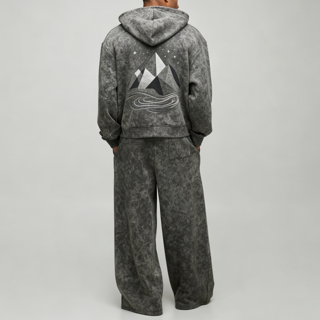 Custom Acid Wash DTG Printed Full Zip 2-Piece Boxy Fit Baggy Wide Leg Charcoal Grey Fleece Winter Streetwear Men's Tracksuit Set