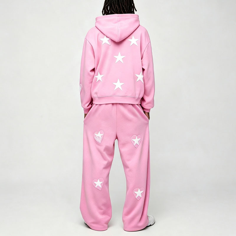 Custom Applique Embroidery 2 Pieces Regular Fit Wide Leg Drawstring Hooded Casual Urban Streetwear Men's Full Zip Tracksuit Set
