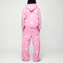 Custom Applique Embroidery 2 Pieces Regular Fit Wide Leg Drawstring Hooded Casual Urban Streetwear Men's Full Zip Tracksuit Set